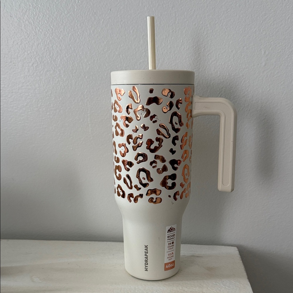 Leopard Print Tumbler with Straw - Cream and Brown